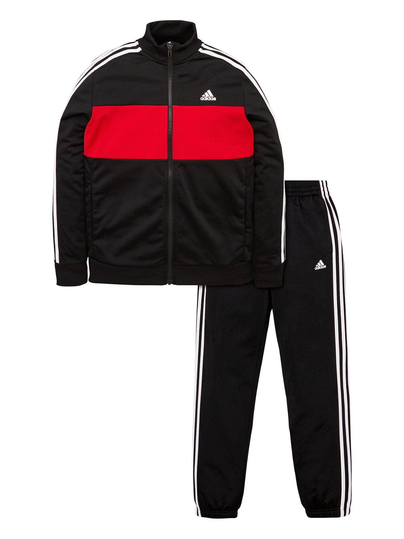 black adidas tracksuit with red stripes