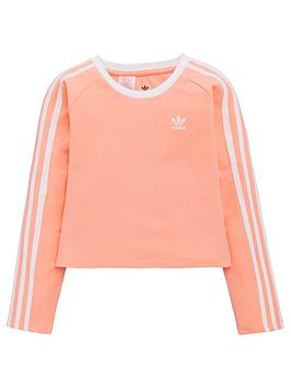adidas Originals Youth 3 Stripe Long Sleeve Crop Top - Pink/White ...