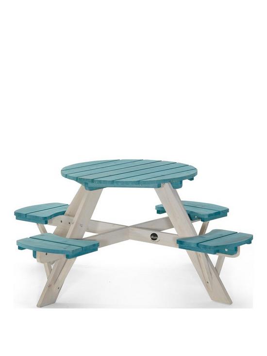 front image of plum-wooden-circular-picnic-table-with-seats-teal