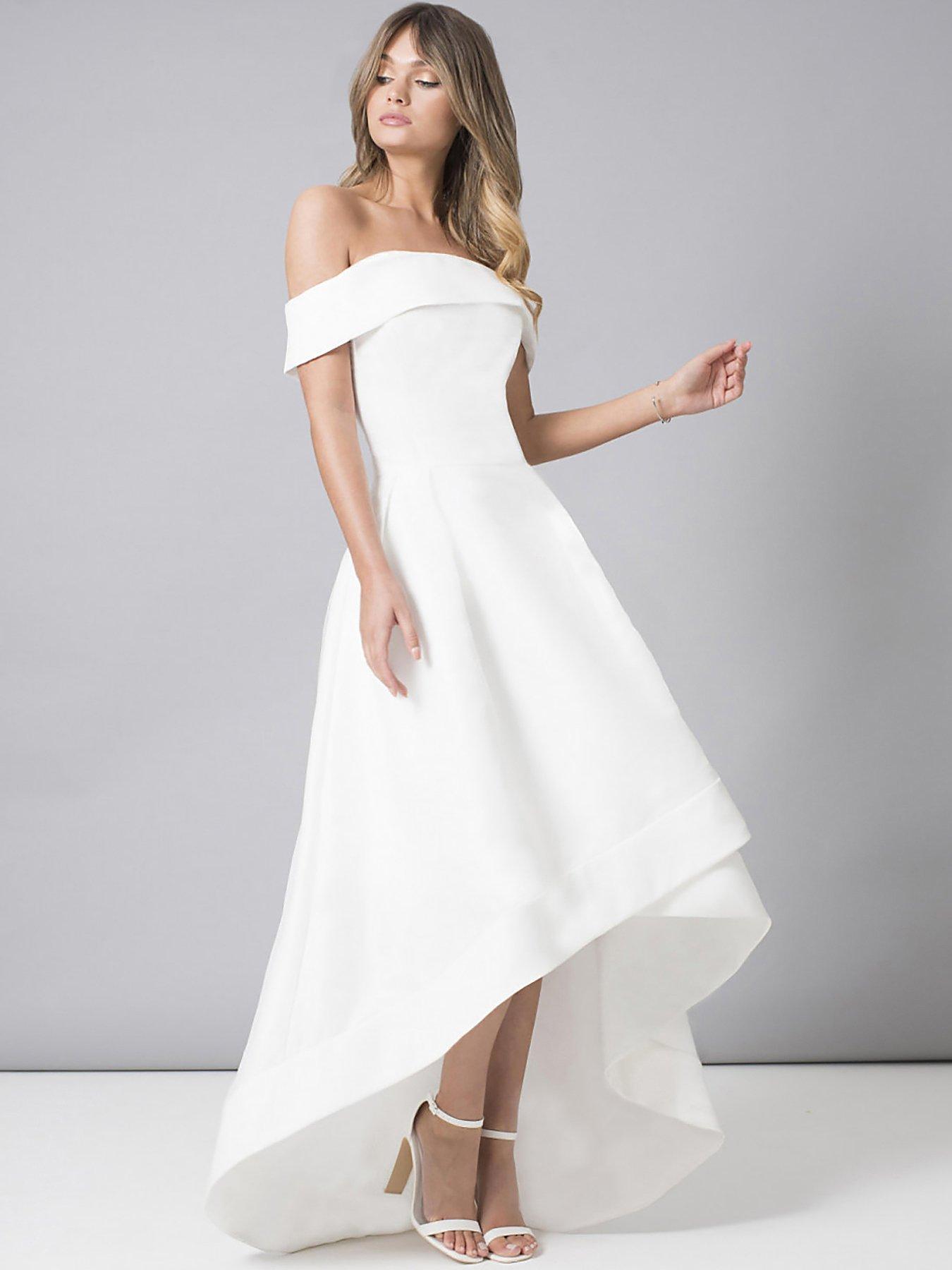 tulip bardot midi bridal dress