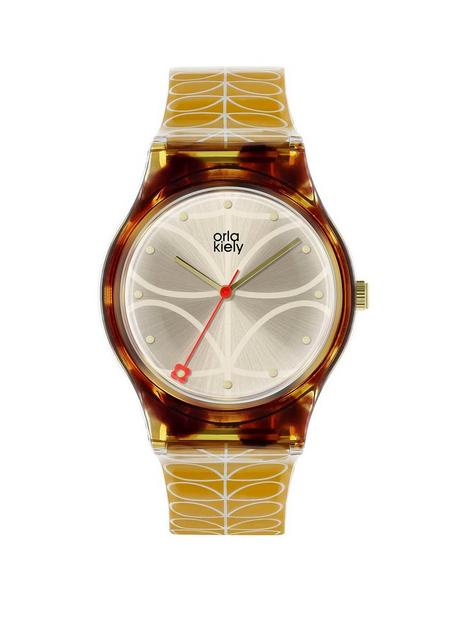 orla-kiely-bobby-champagne-and-tortoise-shell-dial-gold-stem-print-silicone-strap-ladies-watch