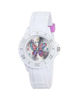 Tikkers Silver Sunray Butterfly Print Dial White Silicone Strap Kids Watch, One Colour