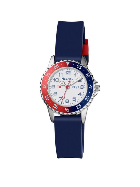 front image of tikkers-red-white-and-blue-dial-blue-silicone-strap-kids-watch