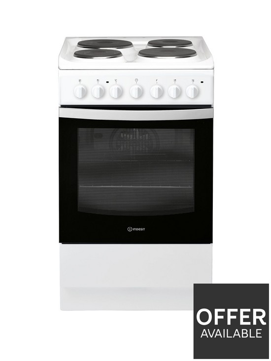 front image of indesit-is5e4khw-50cm-electric-solid-plate-single-oven-cooker-white