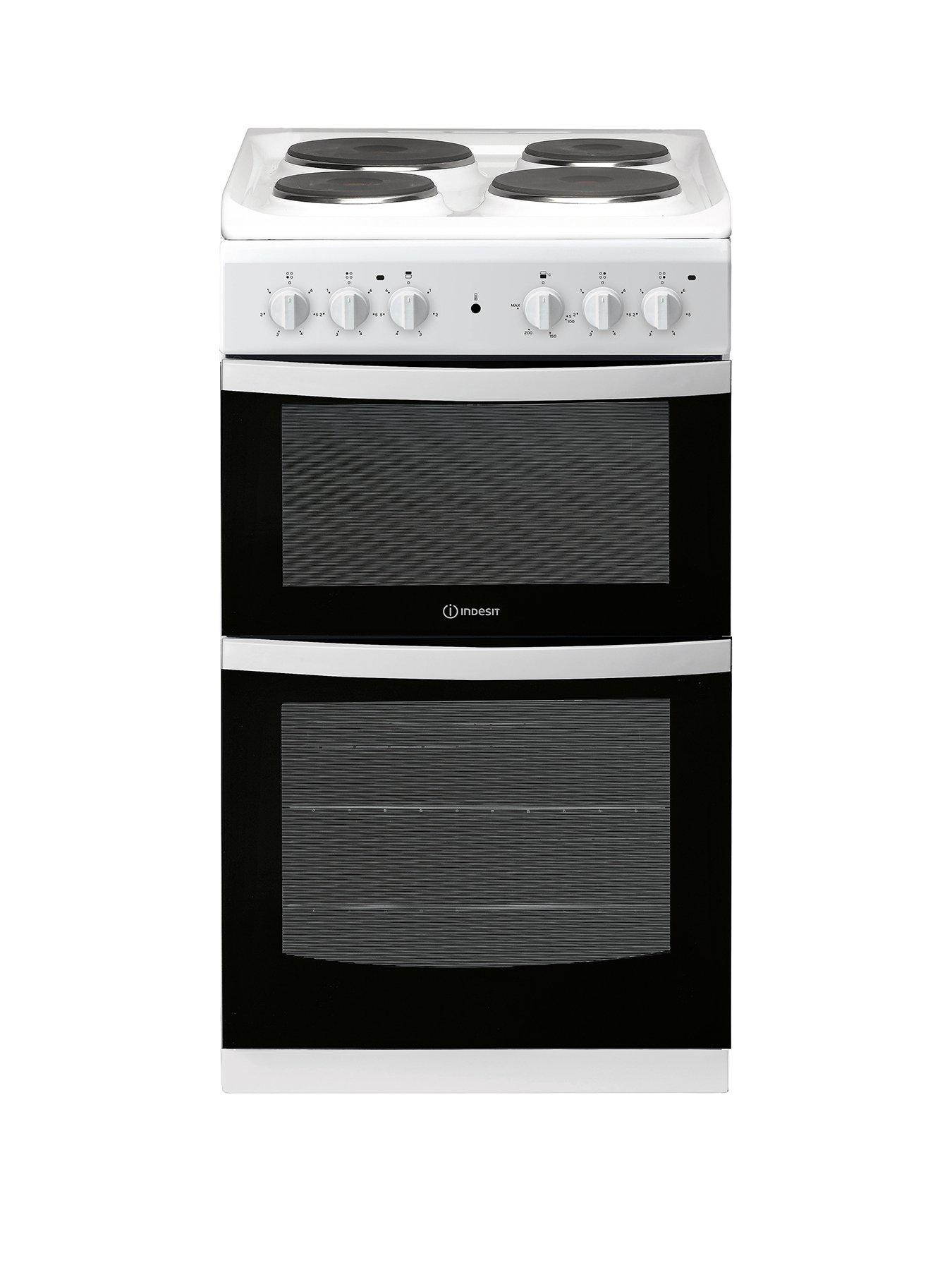Product photograph of Indesit Id5e92kmw 50cm Wide Electric Solid Plate Twin Cavity Single Oven Electric Cooker - White from very.co.uk