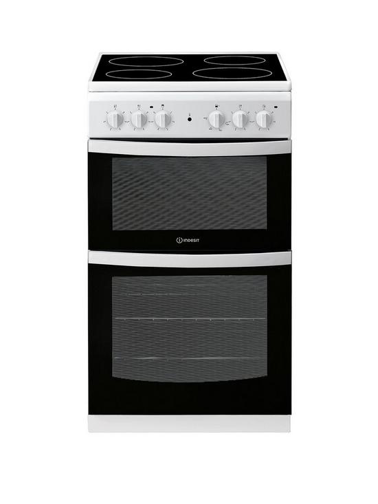 front image of indesit-id5v92kmw-50cm-electric-twin-cavity-single-oven-cooker-white