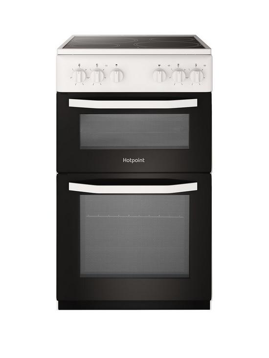 front image of hotpoint-hd5v92kcw-50cmnbspwide-electric-twin-cavity-single-oven-cooker-white