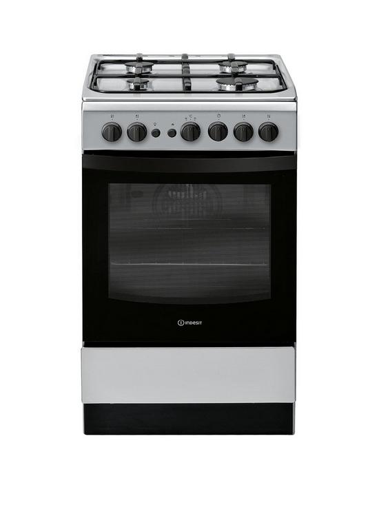 front image of indesit-is5g1pmss-50cm-gas-single-oven-cooker-silver