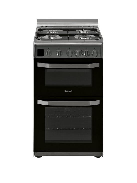 front image of hotpoint-hd5g00ccx-50cmnbspwide-gas-double-oven-cooker-stainless-steel