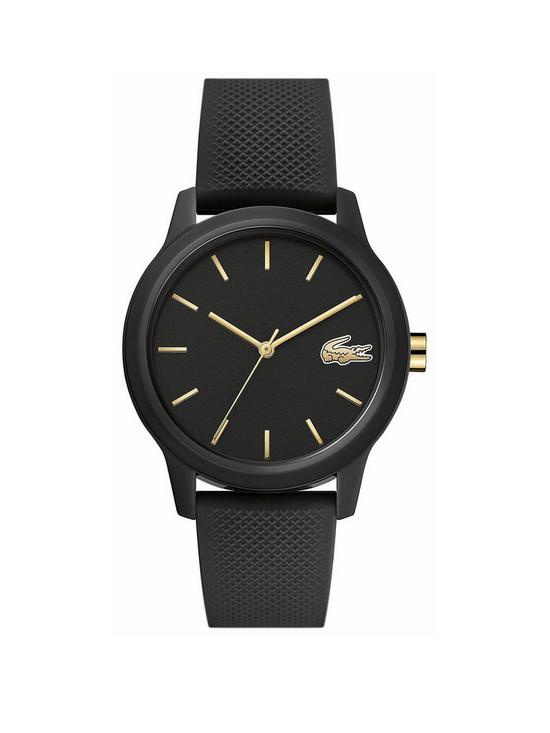 front image of lacoste-black-and-gold-detail-dial-black-silicone-strap-ladies-watch