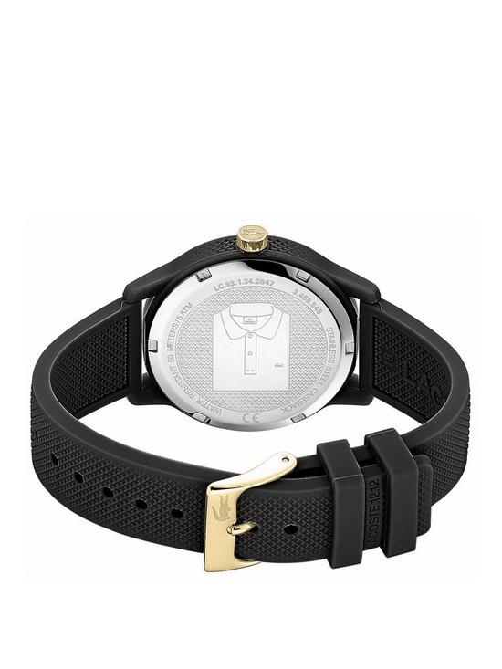 stillFront image of lacoste-black-and-gold-detail-dial-black-silicone-strap-ladies-watch