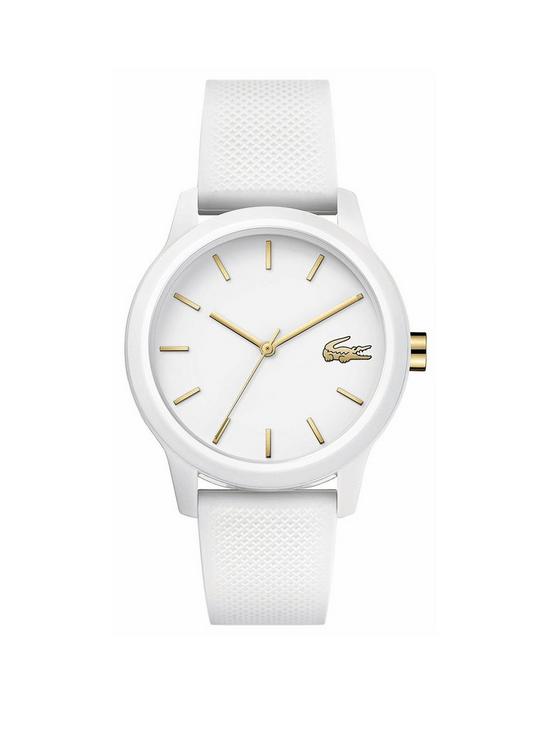 front image of lacoste-1212nbspwhite-and-gold-detail-dial-white-silicone-strap-ladies-watch
