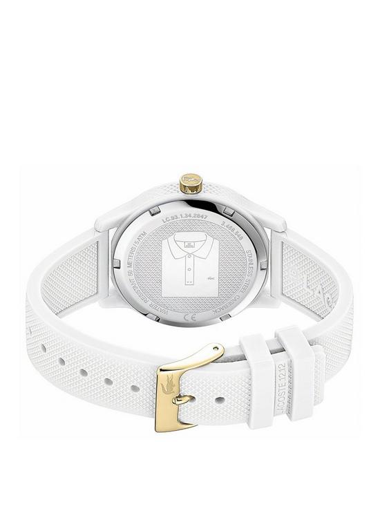 stillFront image of lacoste-1212nbspwhite-and-gold-detail-dial-white-silicone-strap-ladies-watch