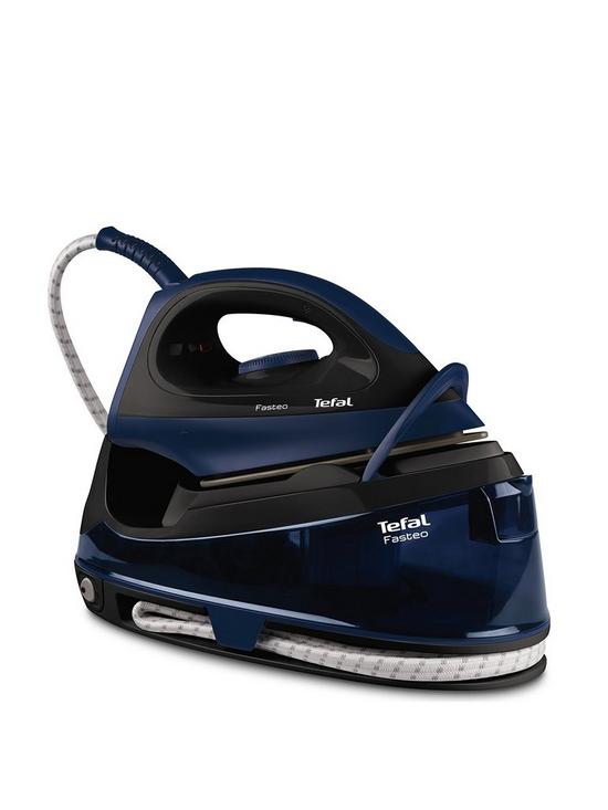 front image of tefal-sv6050g0nbspfasteonbspsteam-generator-iron-black-and-blue