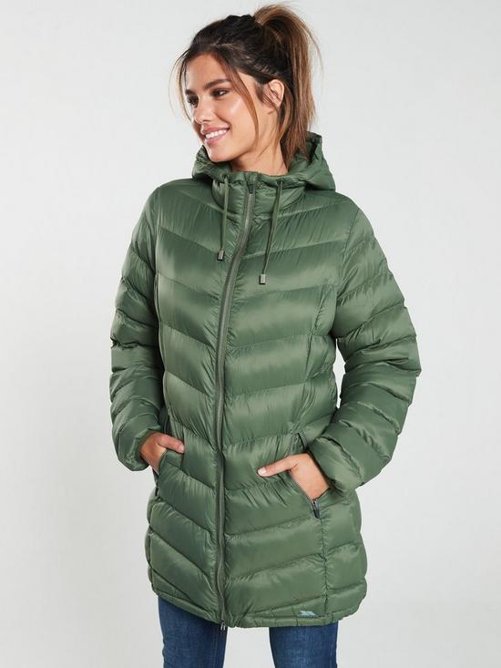 front image of trespass-rianna-long-padded-jacket-basil-green