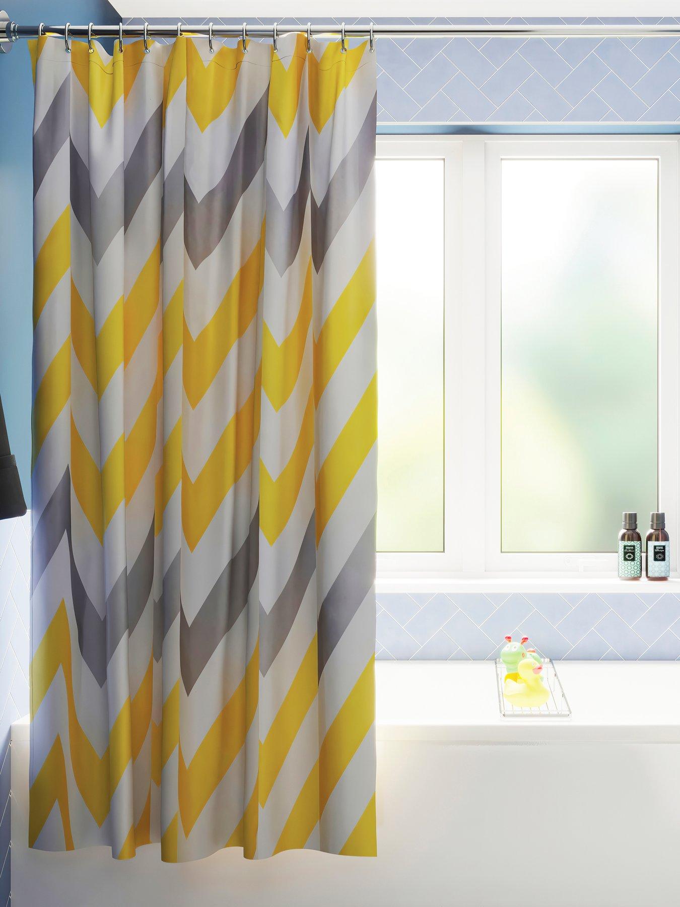 undefined Chevron Textile Shower Curtain – Yellow, Grey and White