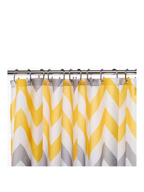 front image of croydex-chevron-textile-shower-curtain-ndash-yellow-grey-and-white