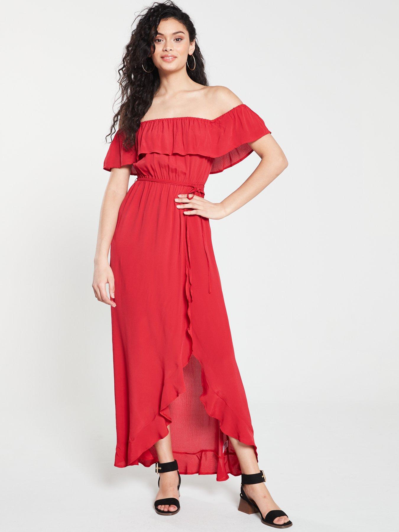 river island red bardot maxi dress