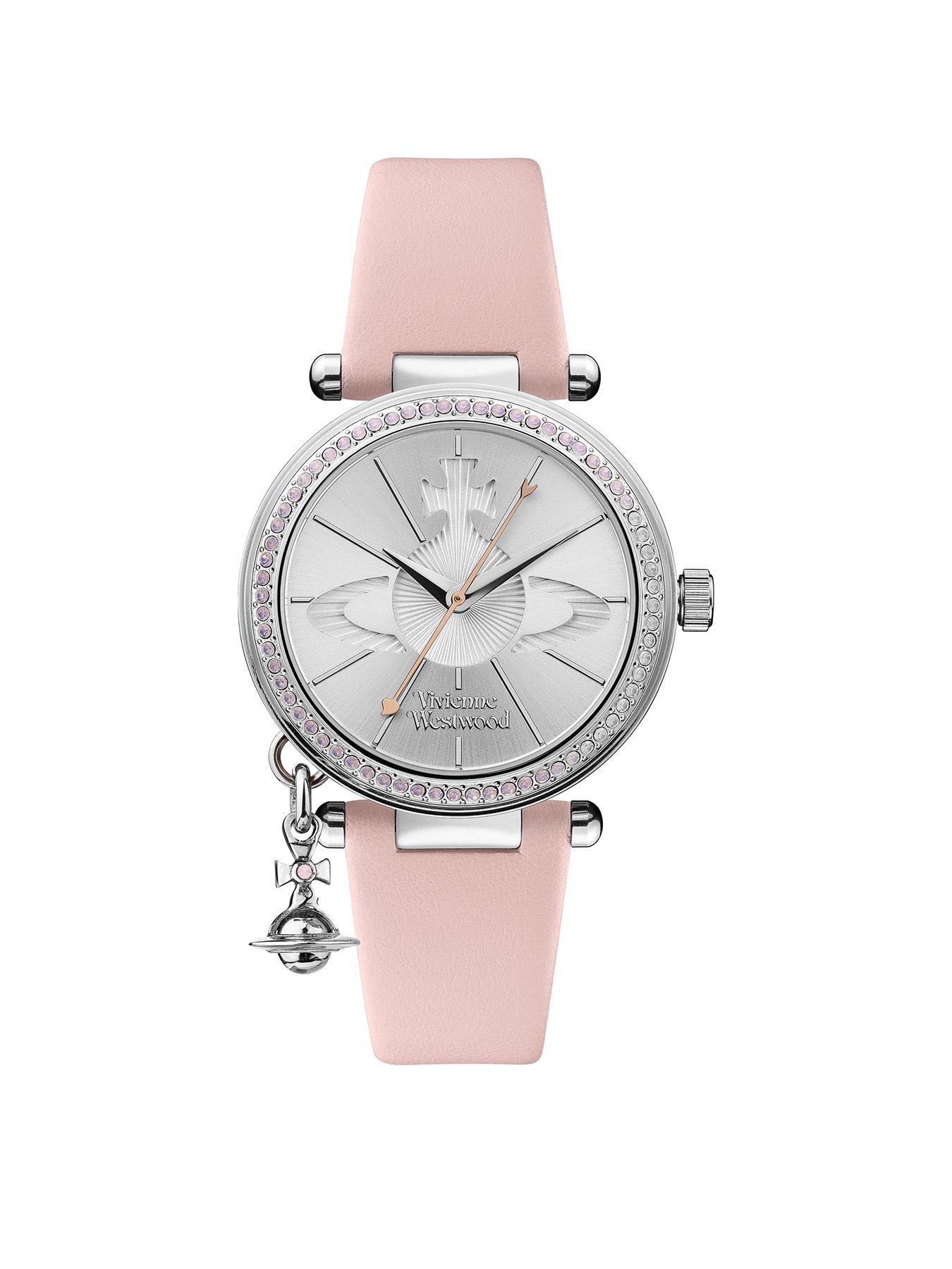  Orb Pastelle Silver Crystal Set Dial with Orb Charm Pink Leather Strap Ladies Watch