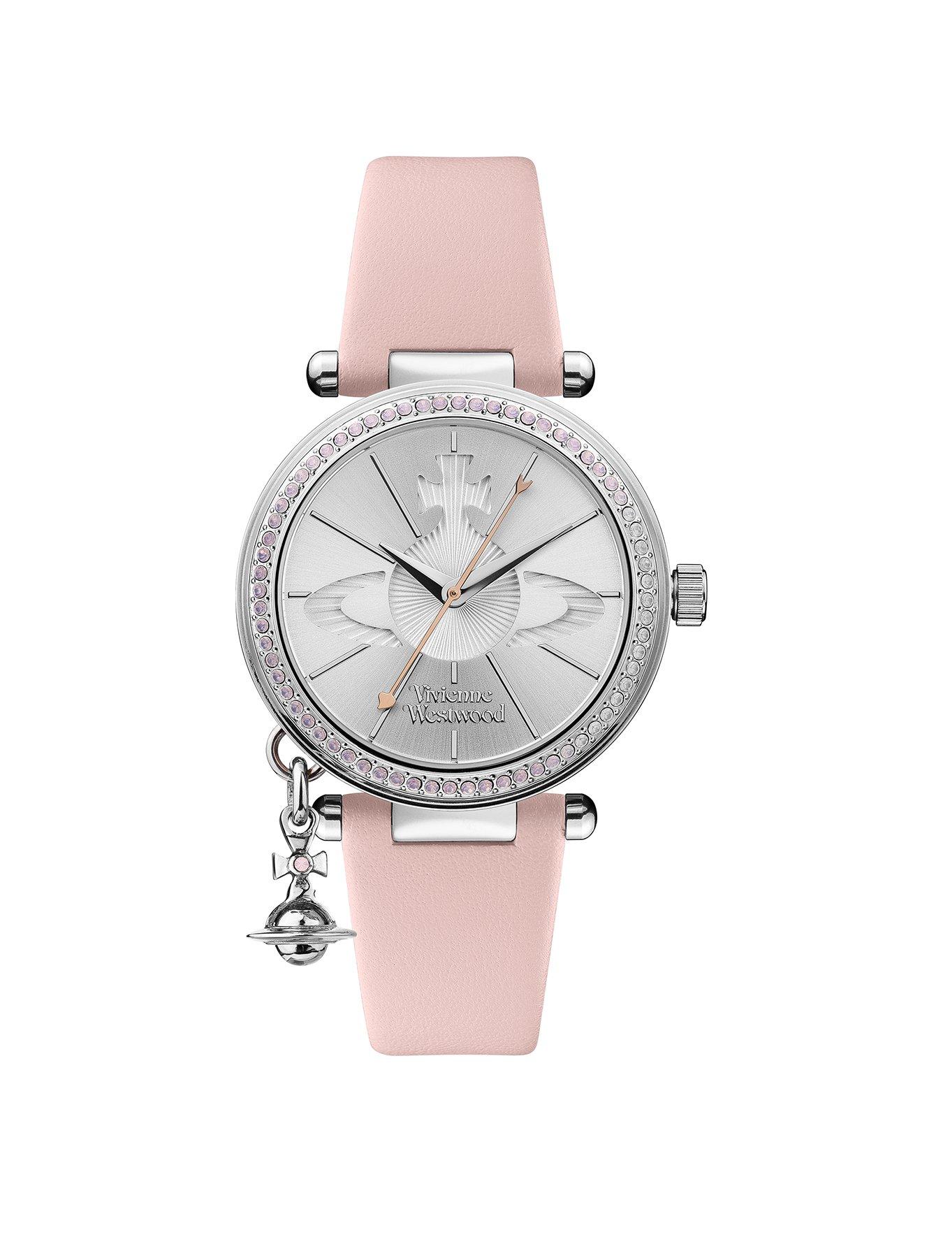 Product photograph of Vivienne Westwood Orb Pastelle Silver Crystal Set Dial With Orb Charm Pink Leather Strap Ladies Watch from very.co.uk