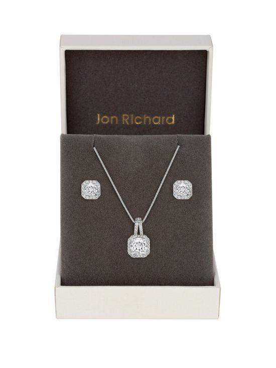 front image of jon-richard-silver-plated-crystal-square-halo-pendant-and-earrings-set
