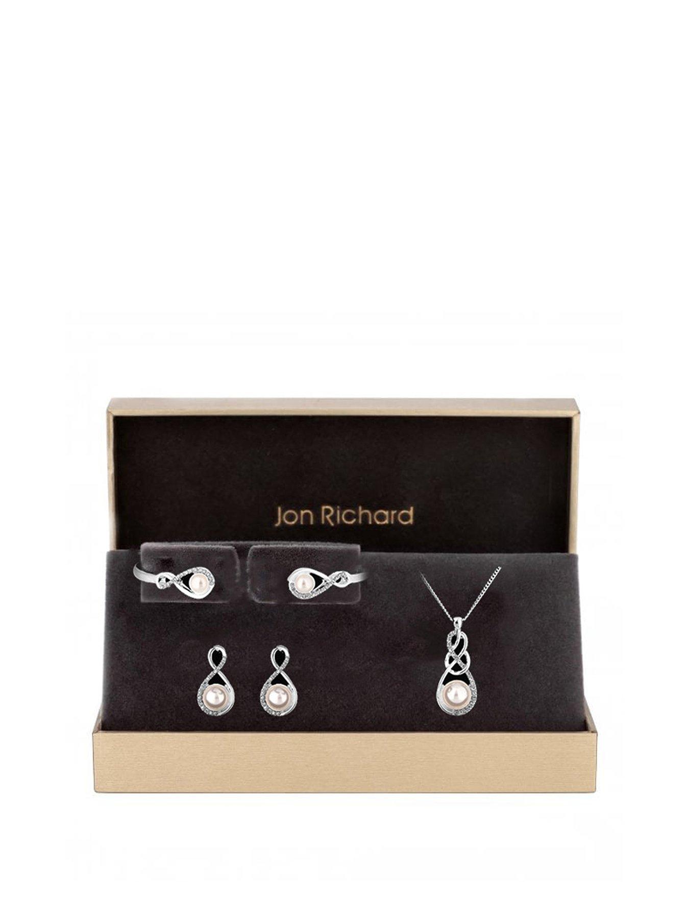 Women Silver Plated Crystal and Pearl Infinity Pendant, Bracelet and Earrings Set