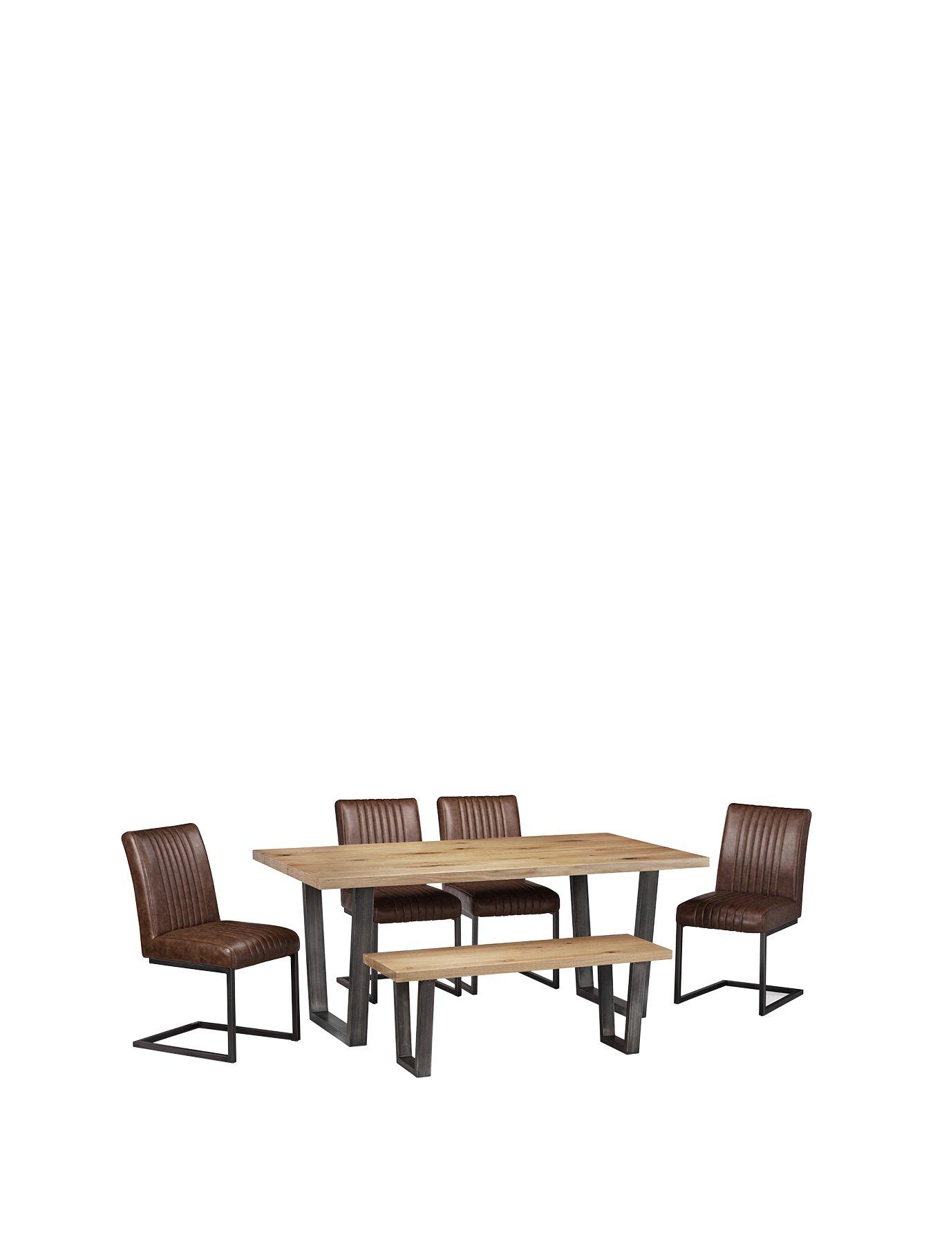 Product photograph of Julian Bowen Brooklyn 180 Cm Solid Oak And Metal Table 4 Chairs Bench from very.co.uk