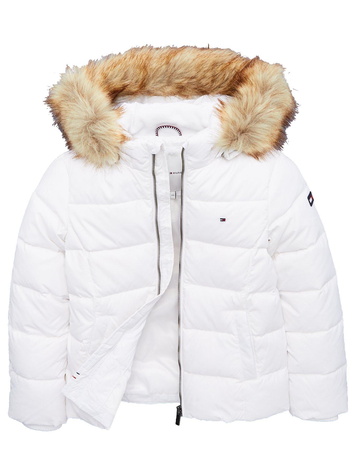 white bubble coat with fur hood