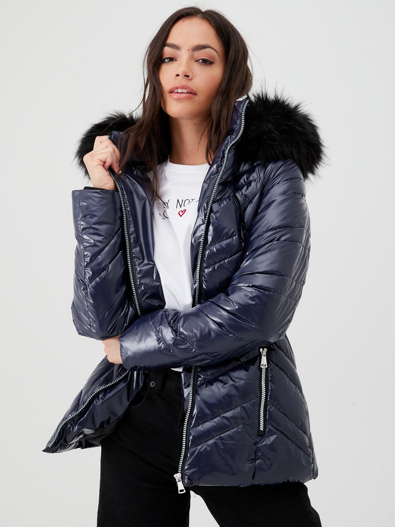 shiny padded coat with fur hood