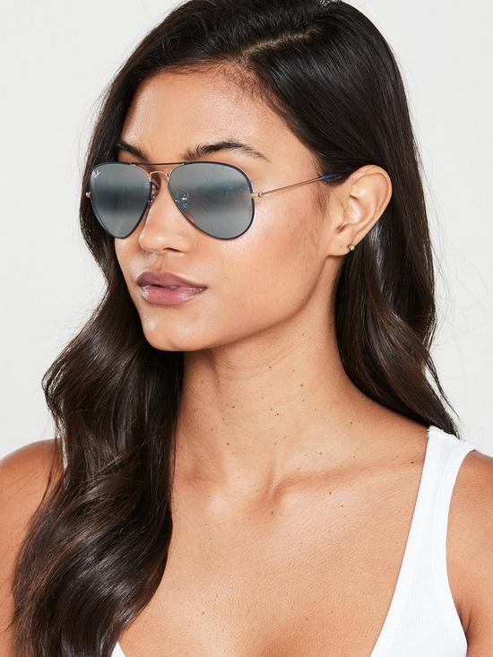front image of ray-ban-aviator-sunglasses-copper-on-matte-dark-blue