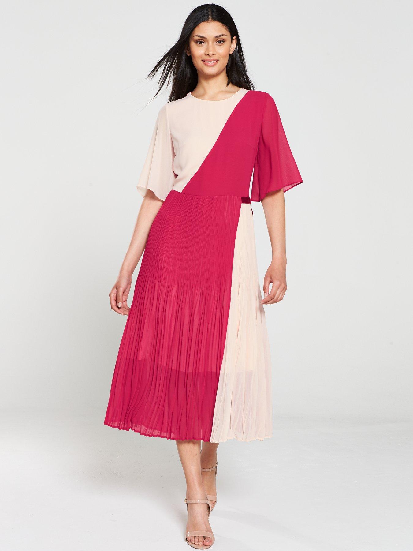 beige colour block pleated midi dress