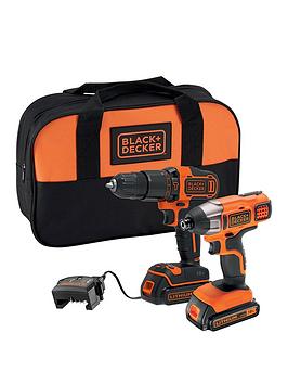 Product photograph of Black Decker 18v Lithium Ion Twin Pack Kit - 18v Hammer Drill 18v Impact Driver 2x 1 5ah Batteries Charger And Soft Bag from very.co.uk