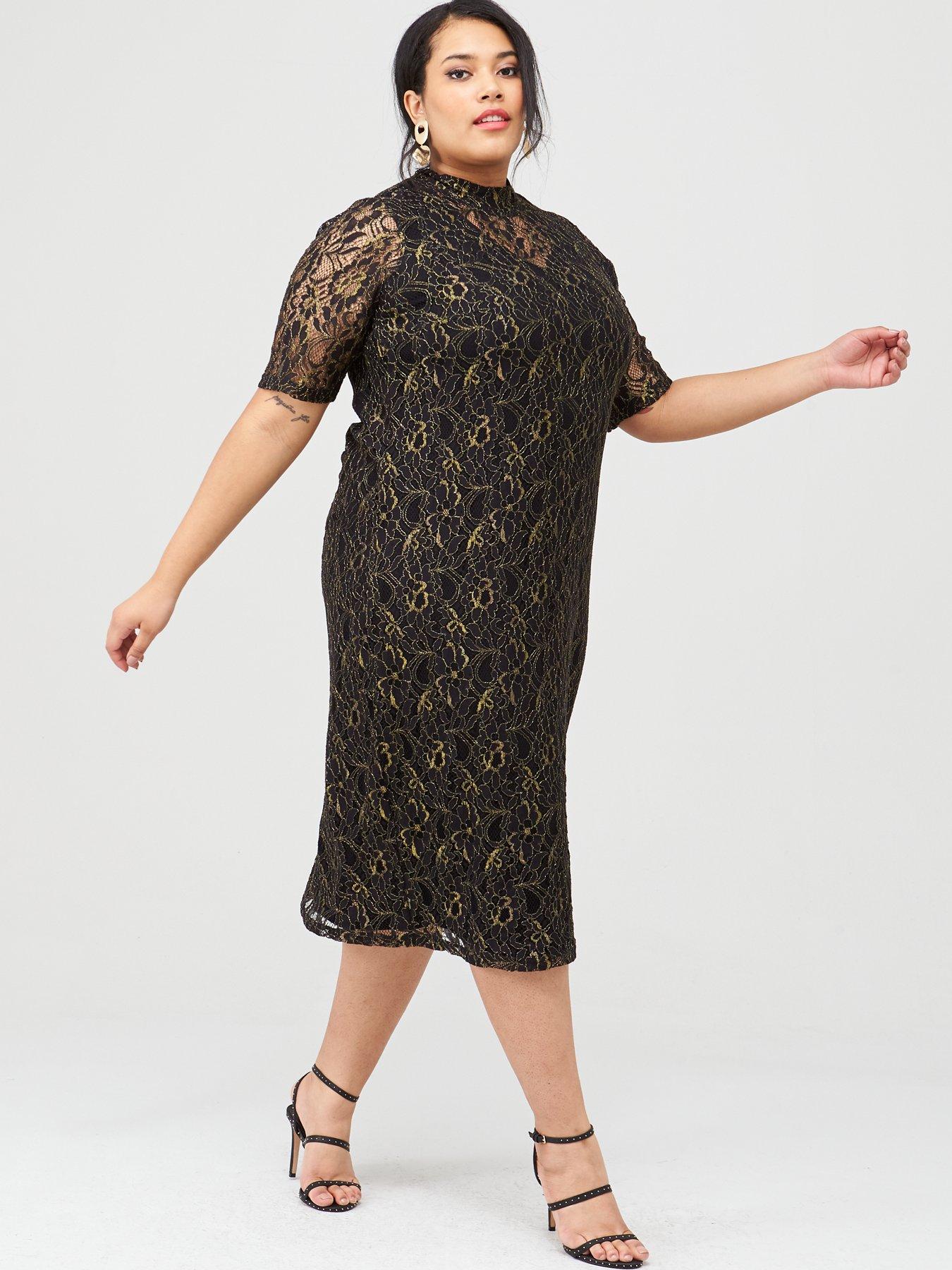 high neck lace midi dress