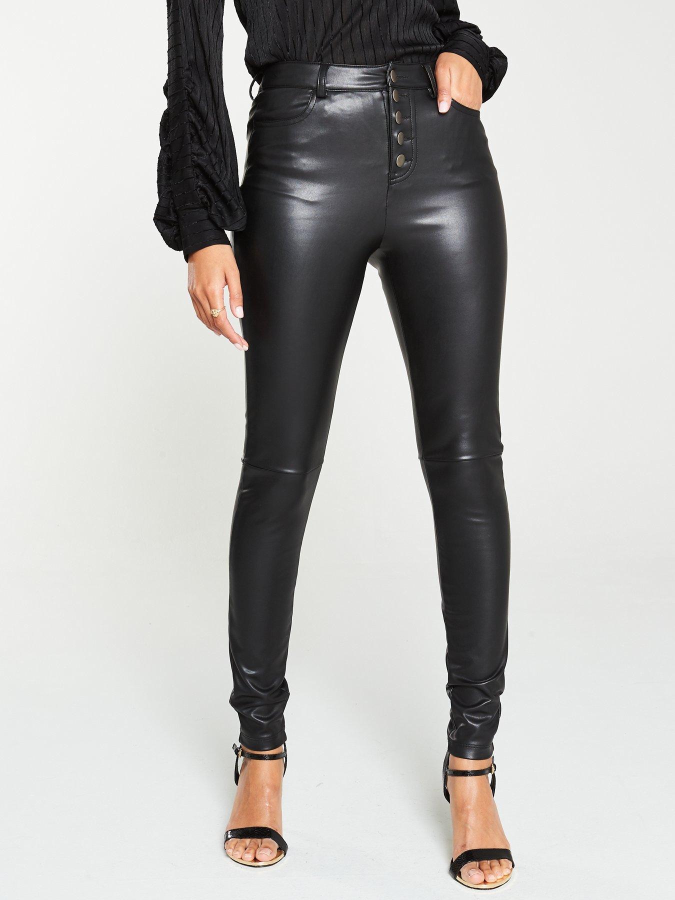 womens black faux leather trousers