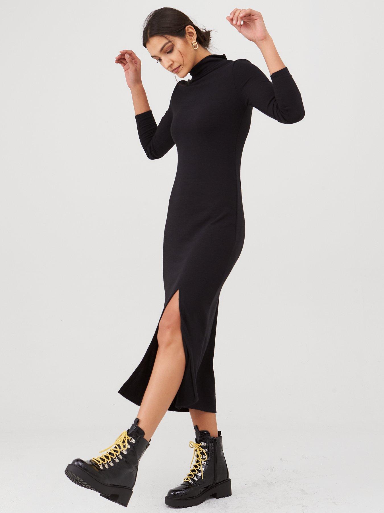 basic black roll neck midi dress