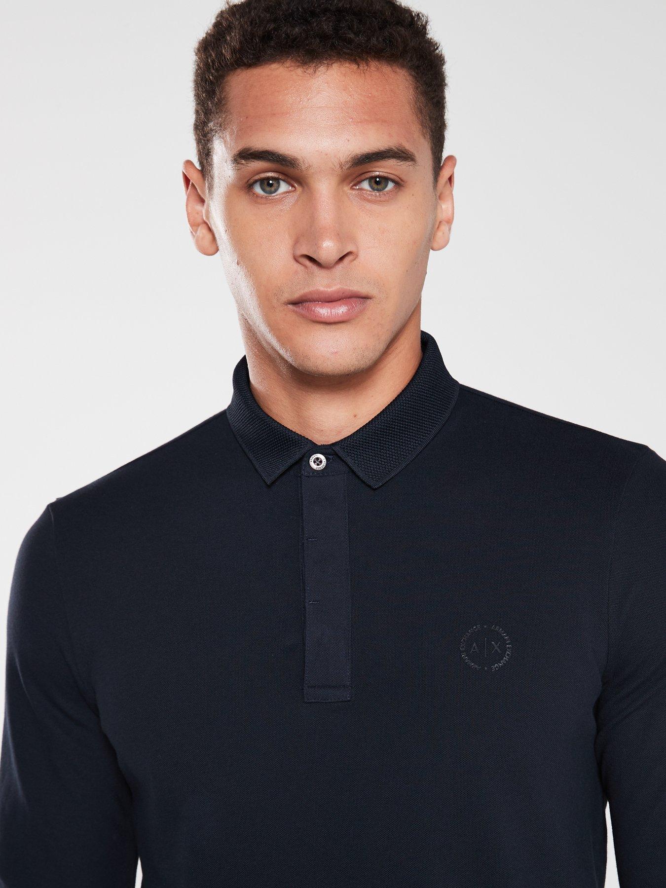 Image 4 of 4 of Armani Exchange Long Sleeve Slim Fit Polo Shirt - Navy