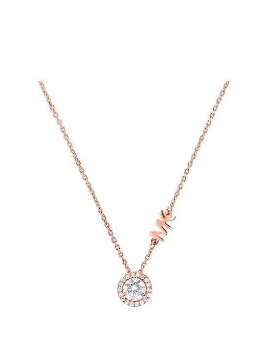 front image of michael-kors-rose-gold-plated-sterling-silver-and-cubic-zirconia-logo-ladies-necklace