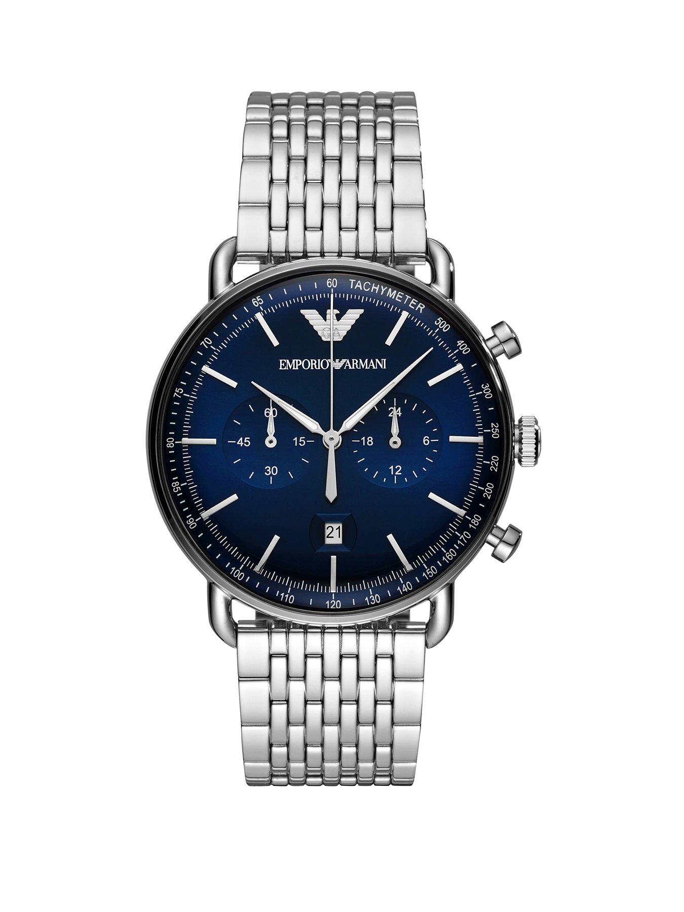 armani silver watch blue face