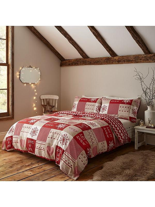 Red Catherine Lansfield Brushed Happy Christmas single Duvet Set 