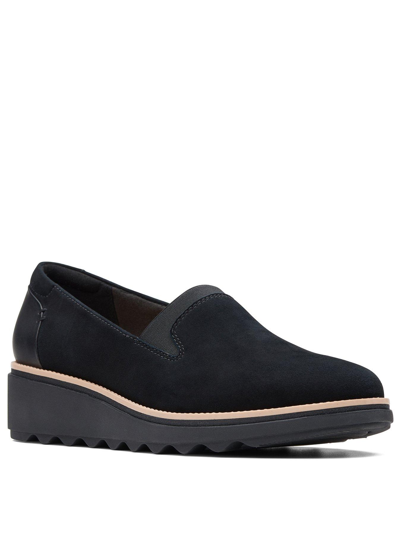 Clarks Sharon Dolly Slip On Wedge Suede Shoe - Black | very.co.uk