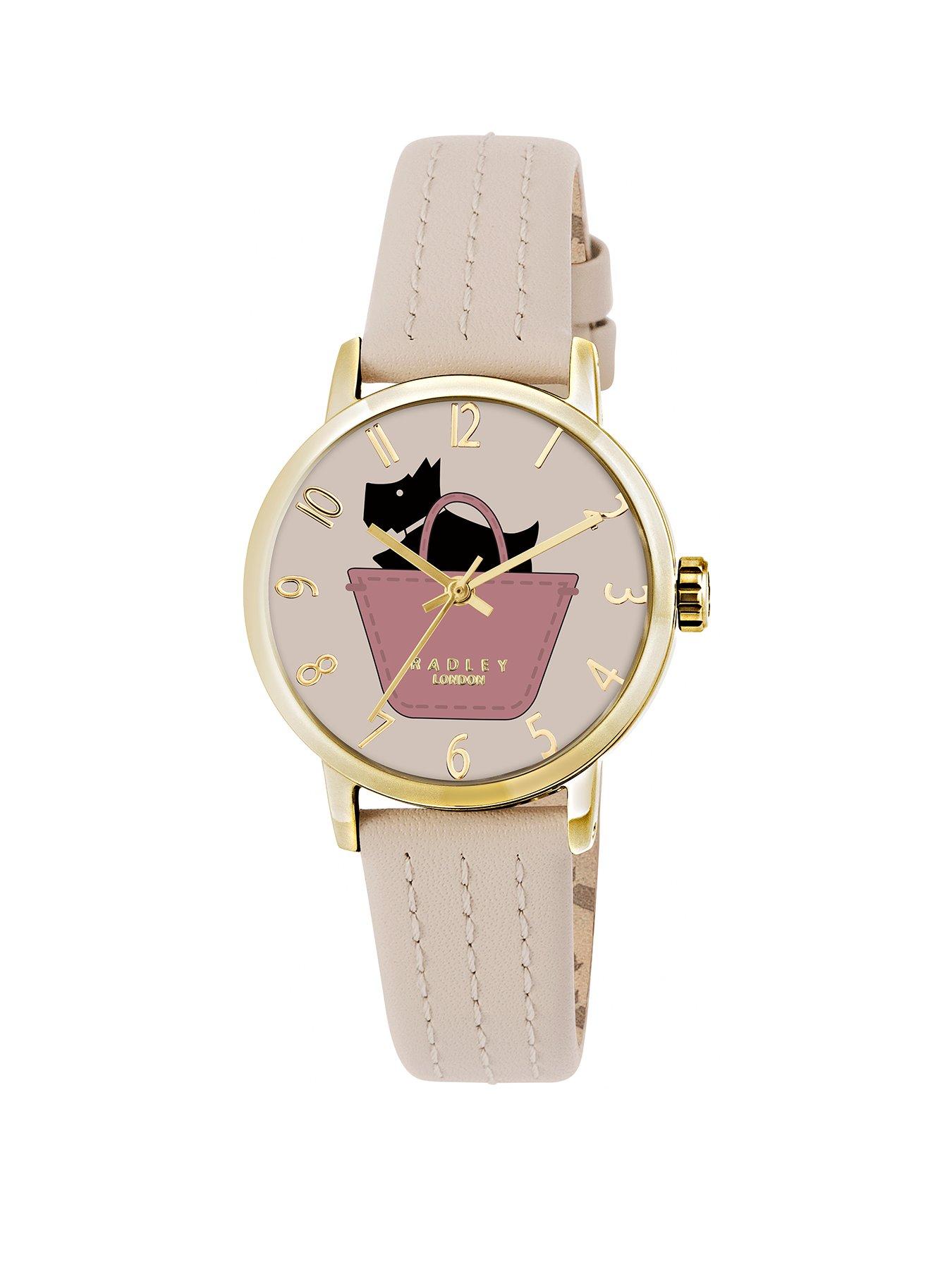 Product photograph of Radley Pink And Gold Detail Dog In Basket Pink Leather Strap Ladies Watch from very.co.uk