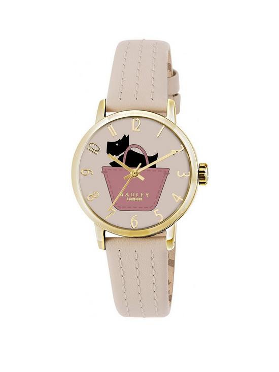 front image of radley-pink-and-gold-detail-dog-in-basketnbsppink-leather-strap-ladies-watch