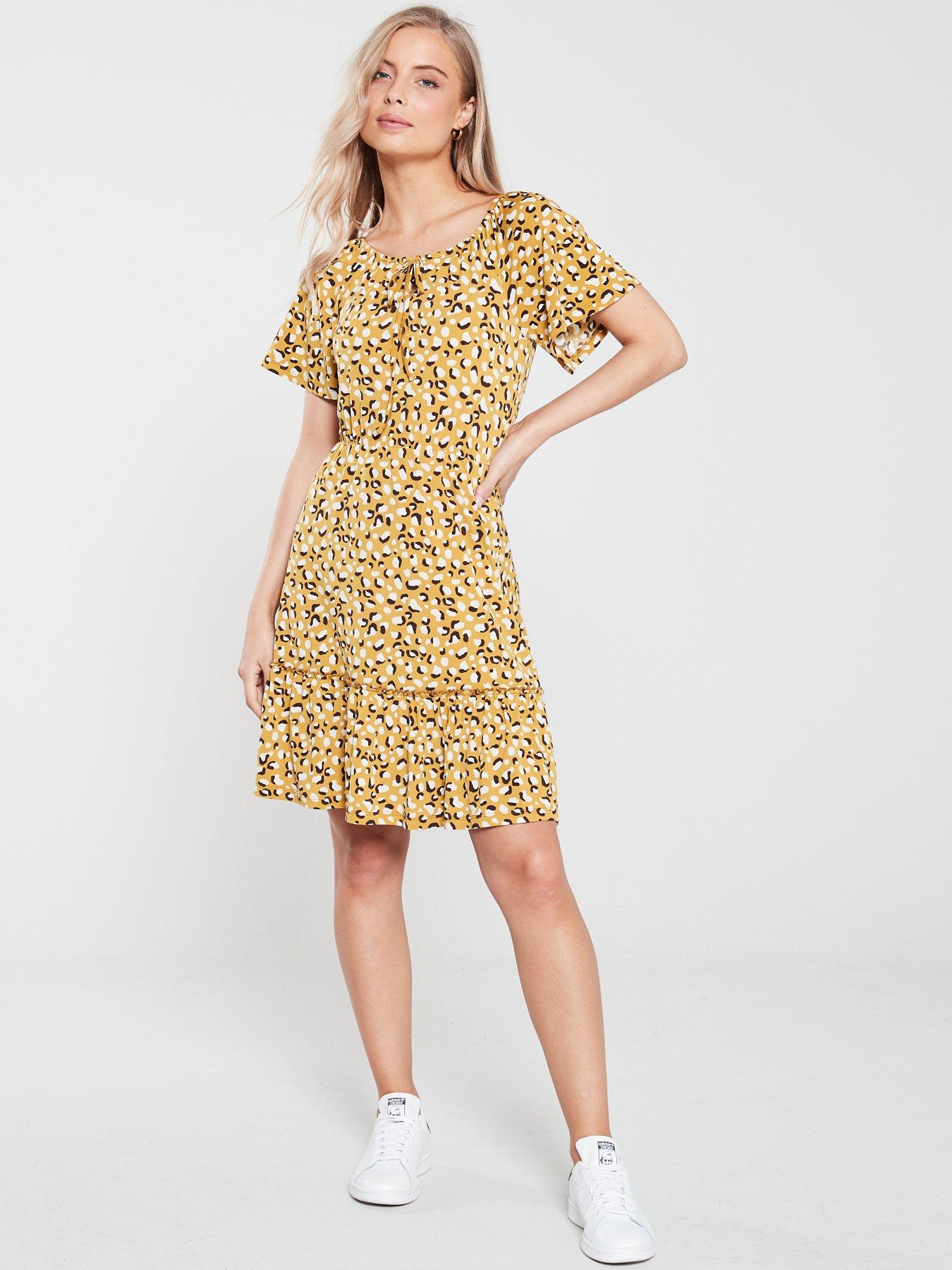 Printed Milkmaid Jersey Dress - Mustard 