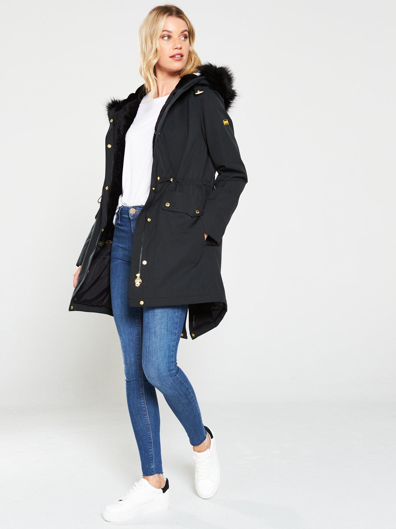 barbour international faux fur lined parka with faux fur trim hood