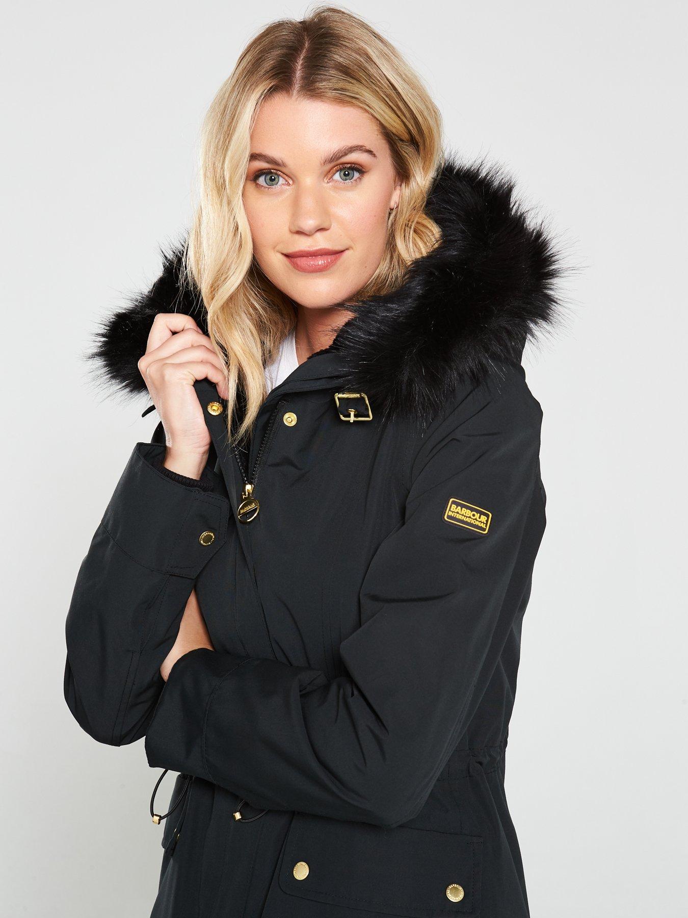 barbour international waterproof utility pocket parka coat with detachable faux fur hood