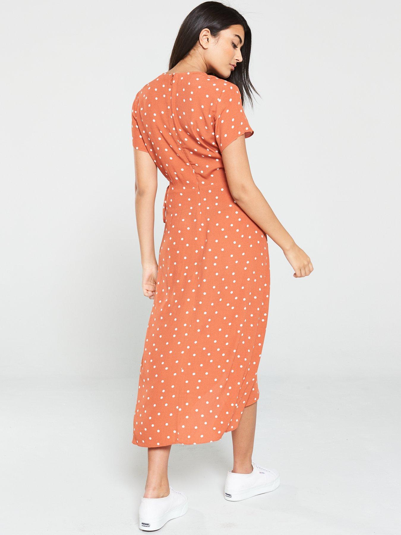 warehouse spot ruffle wrap dress