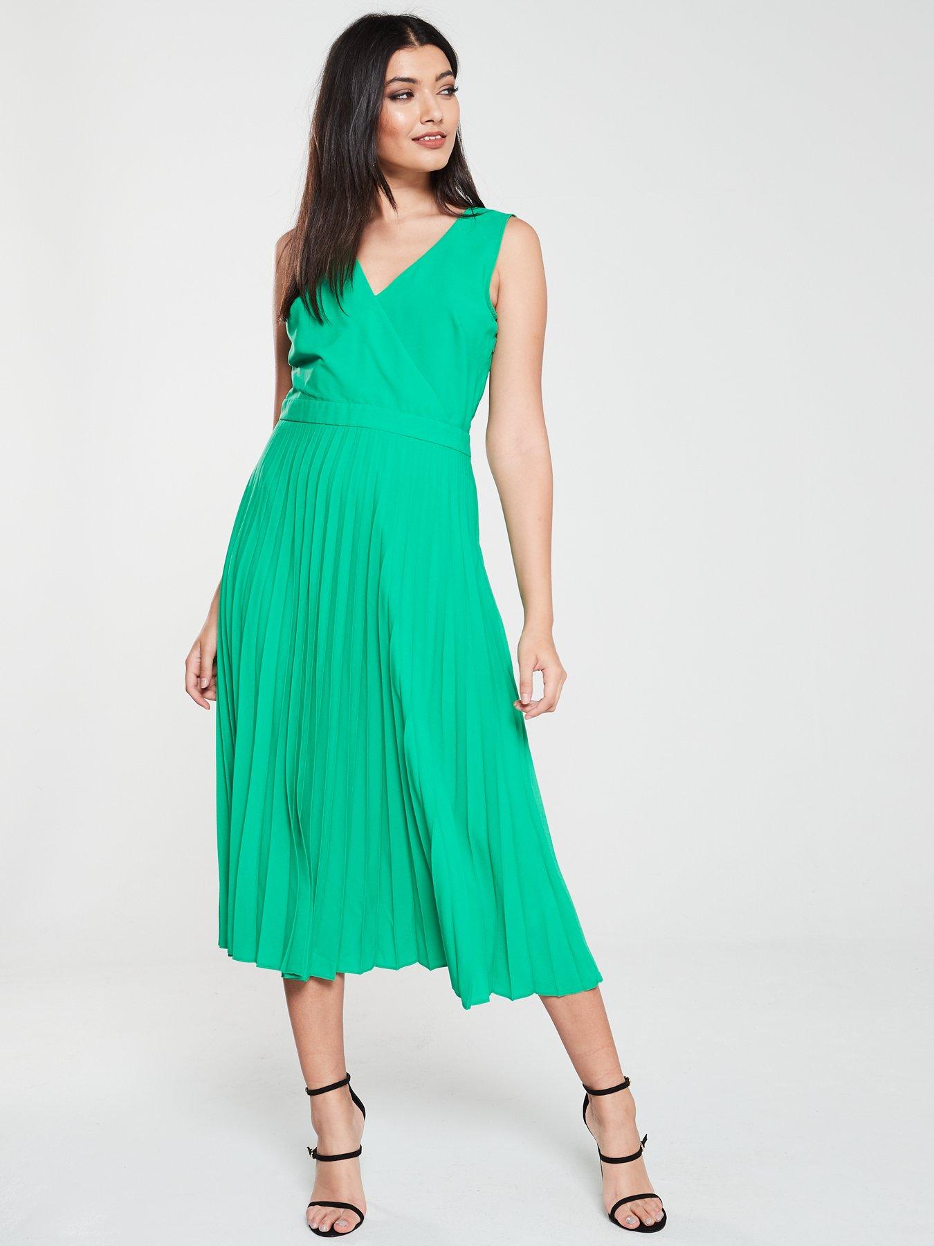 warehouse pleated midi dress green