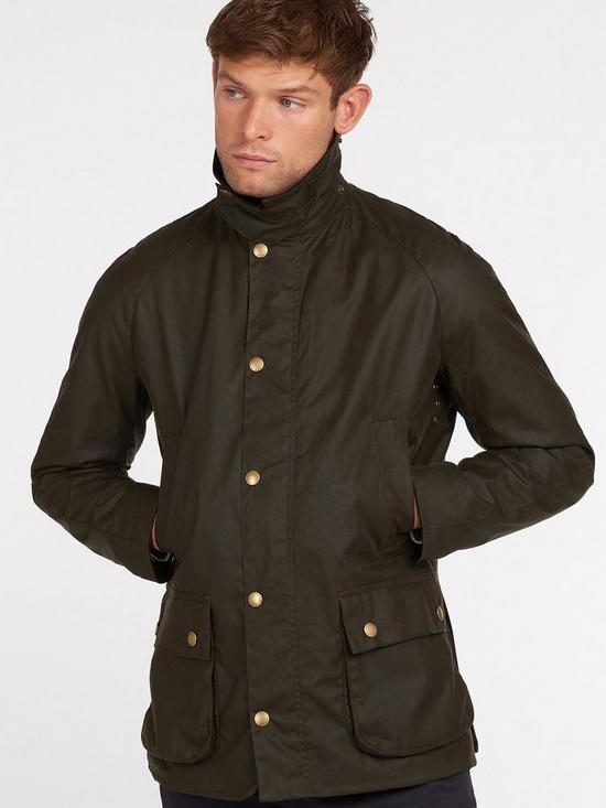front image of barbour-ashby-wax-jacket-olive-green