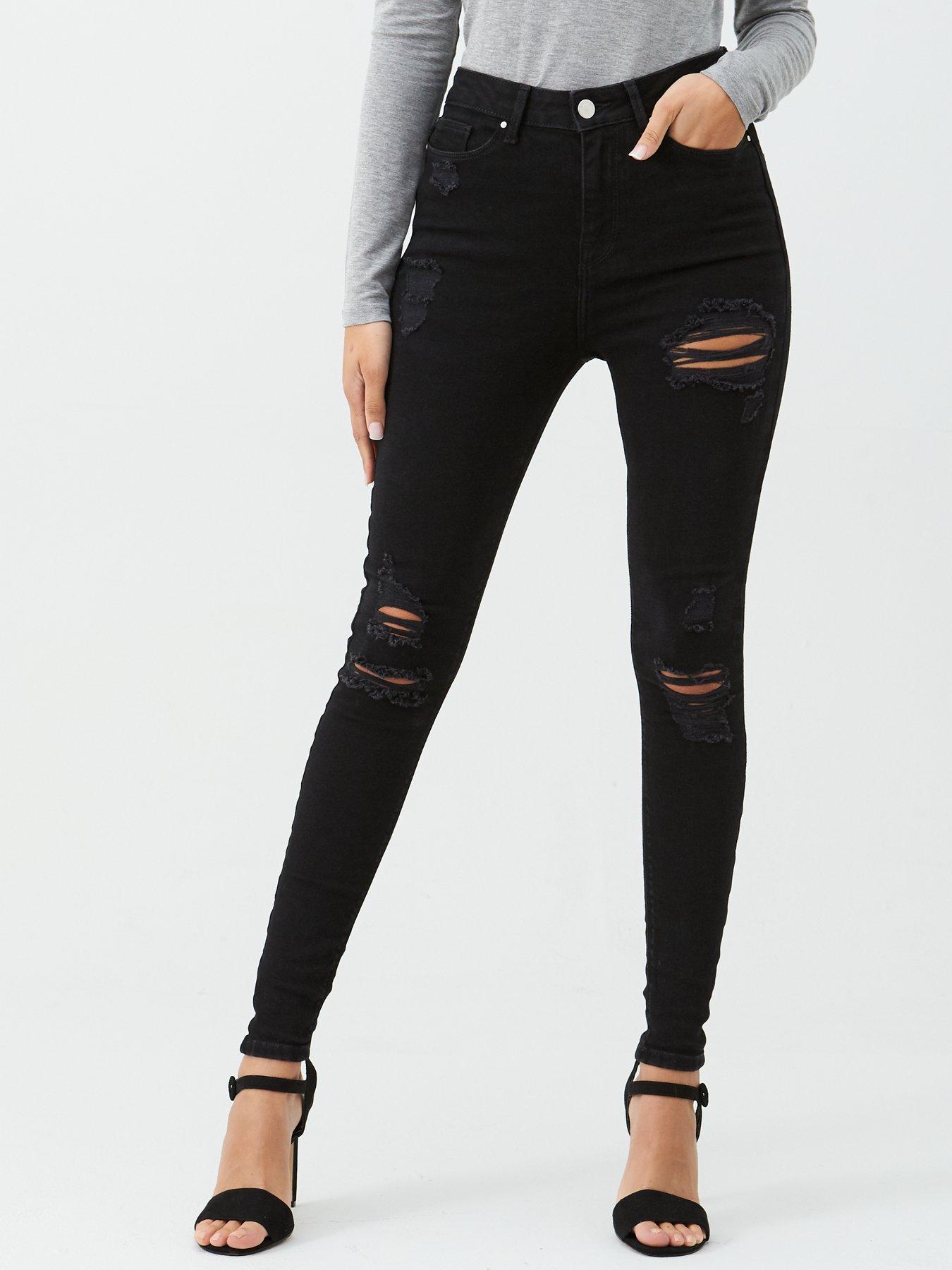 high waisted black distressed skinny jeans