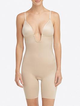 spanx suit your fancy plunge low back mid thigh bodysuit - nude